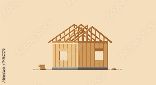 An illustrated depiction of a house under construction, showcasing the wooden frame and roof structure against a soft, neutral background.