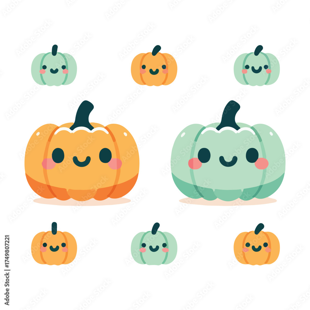 Fototapeta premium Cute Pastel Halloween Pumpkins Vector Set for Stickers, Prints, and Cards