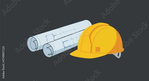 Architectural blueprints and a yellow hard hat sit on a dark background, symbolizing construction and design processes.