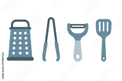 Set of essential kitchen utensils including grater, tongs, peeler, and spatula