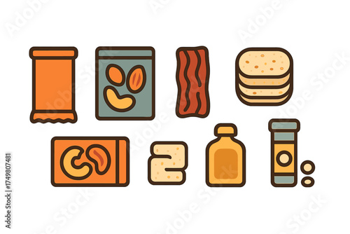 Assortment of various packaged food items and snacks in a simple flat design