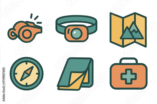 Survival and camping gear symbols: map, compass, whistle, headlamp, and first aid