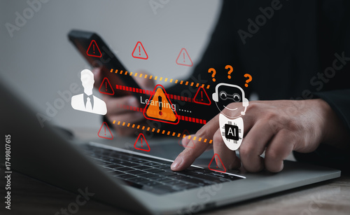 Technologist using laptop with AI chatbot error warning interface, representing artificial intelligence learning problem, data risk, cybersecurity issue, and digital system troubleshooting.