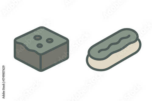 Isometric block of soil next to a stylized eclair pastry or hot dog bun