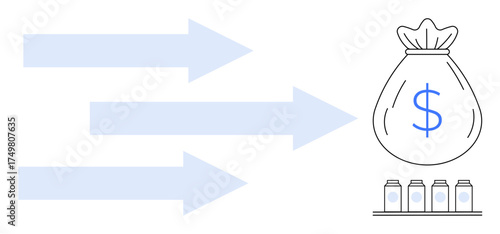 Three arrows point towards a money bag symbolizing revenue or cash flow, sitting above jars. Ideal for finance, investment, strategy, business growth, savings, wealth decision-making. Simple flat