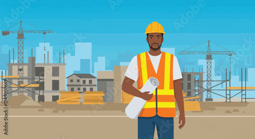 A confident African American construction worker, wearing a hard hat and safety vest, stands holding blueprints at an active urban building site.