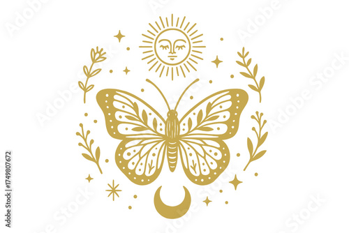Mystical golden butterfly with celestial sun and moon and botanical elements