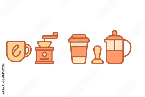 Collection of coffee making equipment and drink containers including grinder, mug, and French press