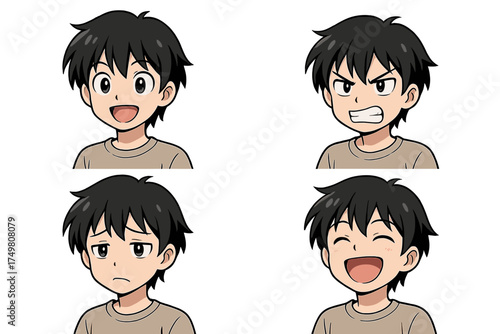 Dark haired boy anime style avatar set showing happiness, anger, sadness, and excitement