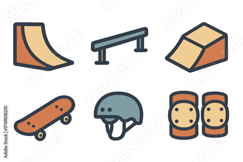 Flat design icons of skateboarding gear including ramps, skateboard, helmet, and safety pads