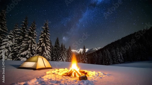 Cozy Winter Cabin with Campfire and Snow