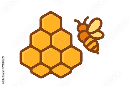 Natural honeycomb structure with hexagonal cells and a stylized flying honey bee
