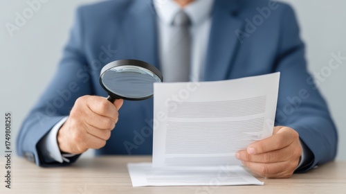 Businessman in Suit Using Magnifying Glass to Examine Document with Focus on Details and Text in Modern Office Setting