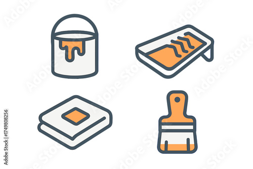 Essential tools for home renovation and painting projects including brush, can, and roller tray