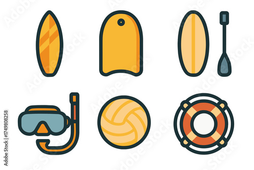Essential beach and water activity equipment set including surfboards snorkeling gear and volleyball