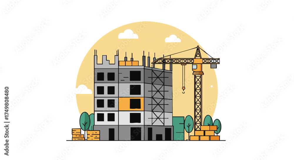 Naklejka premium An illustrative scene of a modern multi-story building under construction, featuring a prominent yellow crane and scaffolding against a stylized sky.