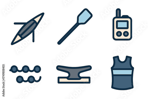 Outlined symbols of kayak, paddle, walkie talkie, chain, anvil, and athletic singlet