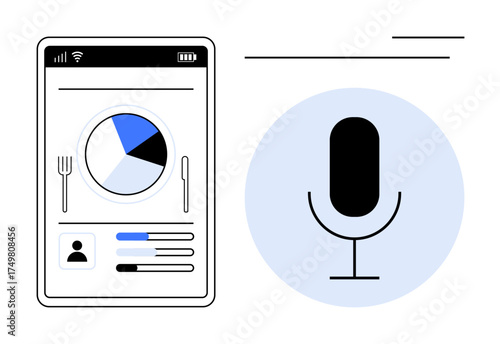 Smartphone screen with diet chart, user stats, and battery levels alongside microphone functionality. Ideal for health tracking, user interface design, voice control apps, nutrition, technology, app