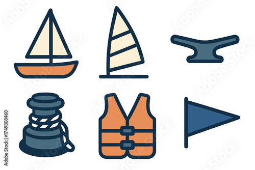 Marine sailing and boating equipment including sailboat, life vest, cleat, and bollard
