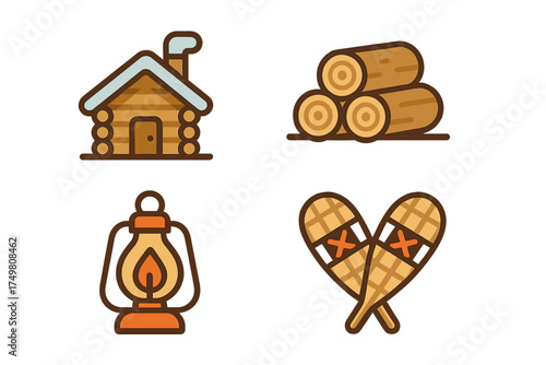 Cozy winter scene featuring a rustic log house, stacked firewood, oil lamp, and snowshoes