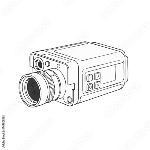 A detailed line art illustration depicts a modern surveillance camera, emphasizing its technological design and function for security monitoring.