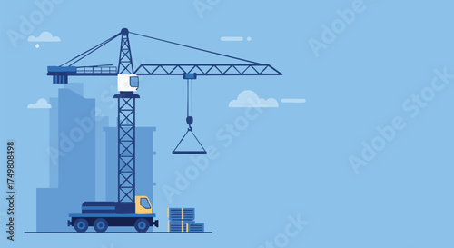 A contemporary mobile tower crane efficiently lifts construction materials against a backdrop of modern city buildings, symbolizing urban development and industrial progress.