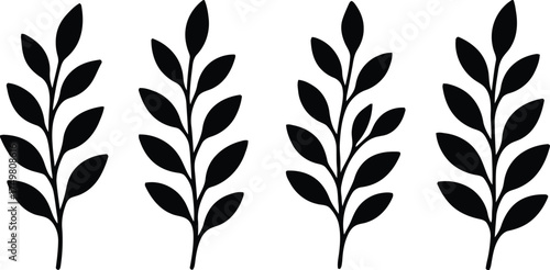 branch, leaves, silhouette, nature, plant, foliage, organic, growth, design, element, isolated, white background, vector, illustration, simple, botanical, stem, greenery, pattern, texture, spring, sum