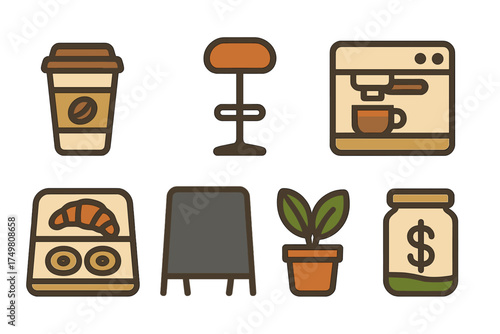 Cafe and coffee shop essentials icon set featuring food, drink, and furniture items