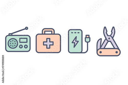 Essential survival and emergency preparedness equipment including radio first aid kit and multi-tool