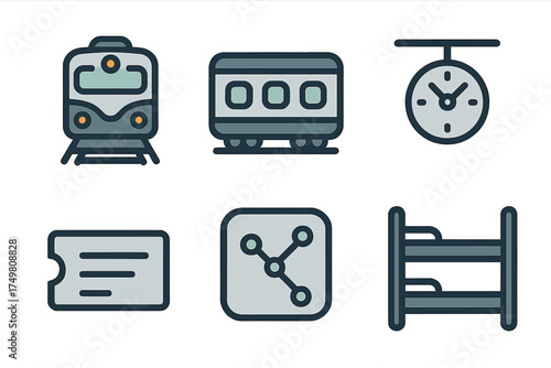 Essential railway transportation elements and train travel objects like locomotive, carriage, ticket, and route map