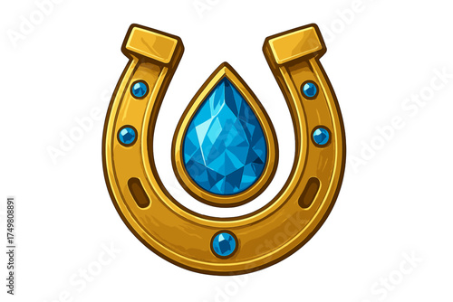 Golden horseshoe charm decorated with a large faceted blue teardrop gemstone and small round jewels