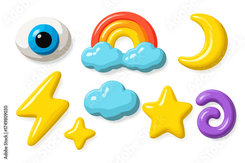 Colorful glossy cartoon symbols set including rainbow, cloud, lightning bolt, star, moon, and eyeball