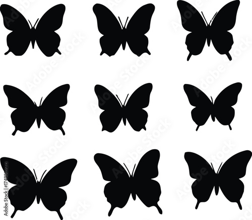 butterfly, silhouette, insect, flying, nature, animal, wing, pattern, design, element, isolated, white background, vector, illustration, graphic, simple, symmetrical, collection, group, swarm, lepidop