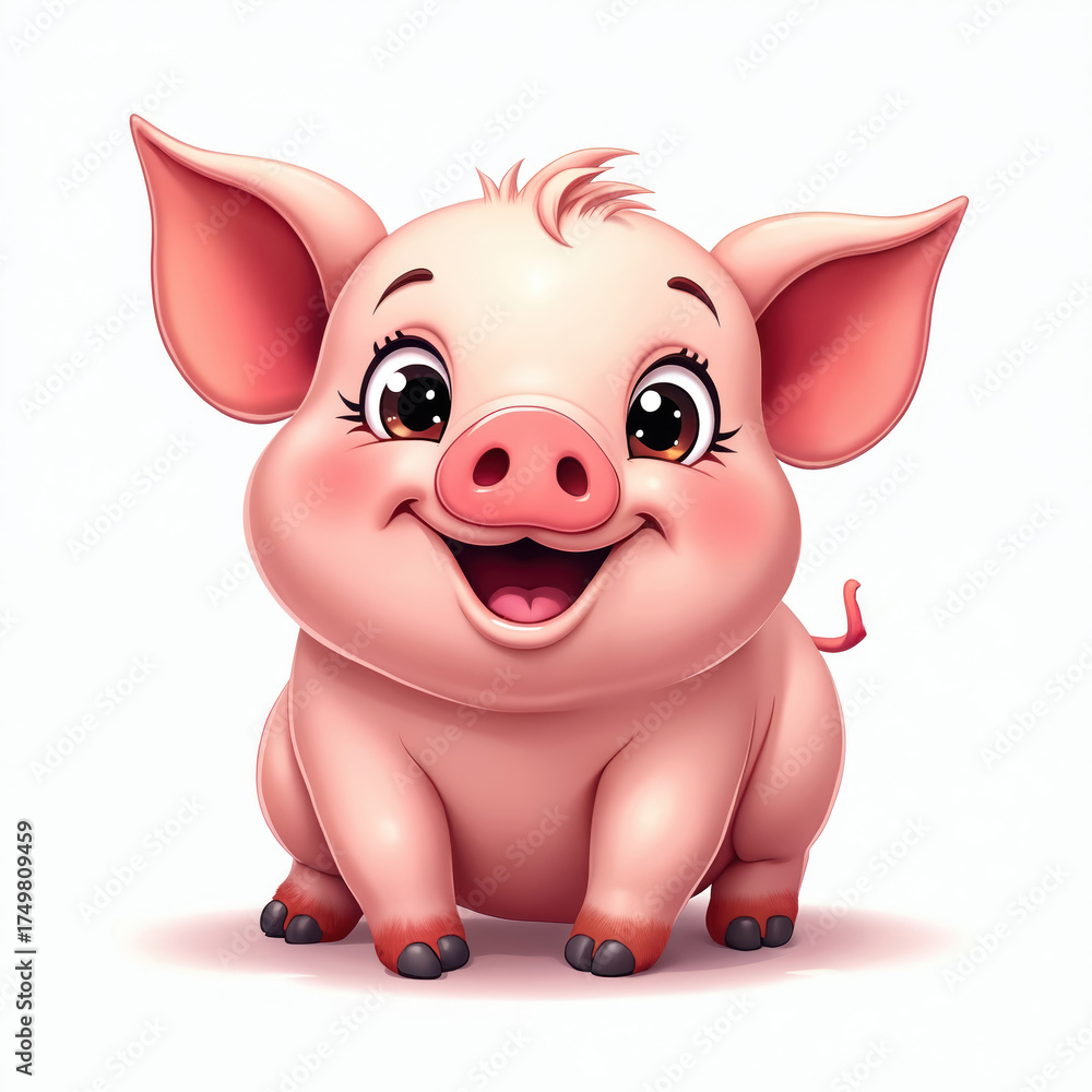 Naklejka premium Cute cartoon piglet with pink skin and big eyes sits smiling. Happy baby farm animal illustration, isolated on white background. Funny character for kids.