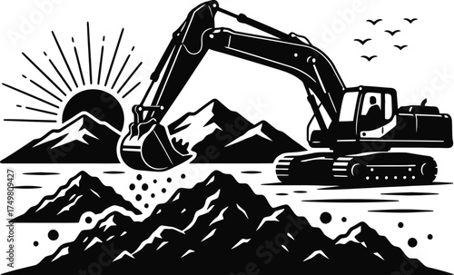 Bulldozer or Excavator at Work Silhouette - Construction