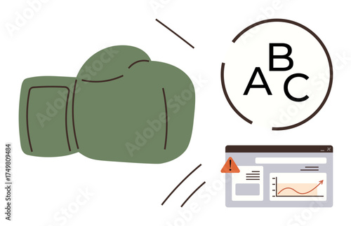 Green boxing glove strikes letters ABC near an analytics dashboard with a warning triangle. Ideal for stress management, competition, data analysis, risk evaluation, problem-solving, productivity