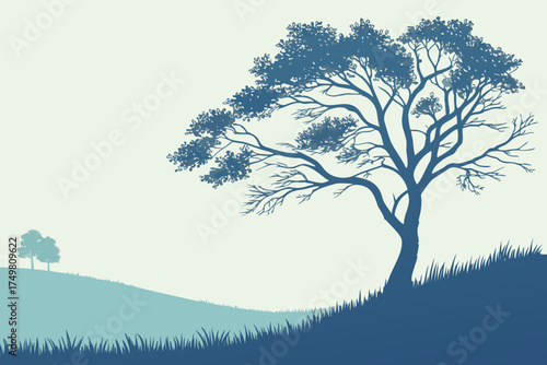 Bare Tree, Wading Bird, and Flying Birds Silhouette Vector - Monochrome Graphic

