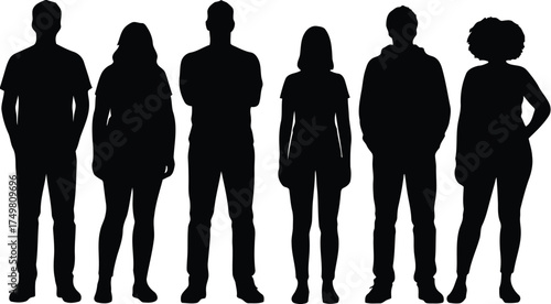 people, silhouettes, group, standing, diverse, men, women, casual, clothing, white, background, collection, set, figures, outlines, lifestyle, community, unity, variety, individuals, modern, simple, g