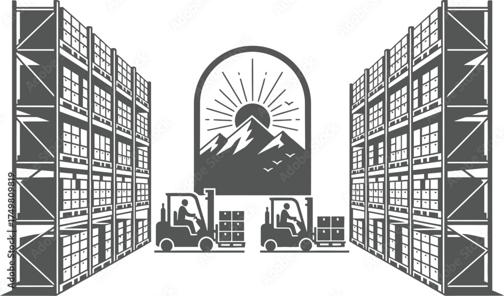 Fototapeta premium Warehouse Interior with Shelves and Forklifts Silhouette