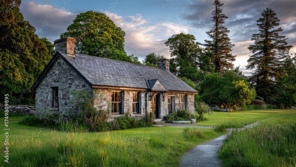 Obraz premium Quaint stone cottage nestles amidst lush greenery and a pathway under a warm sunset sky