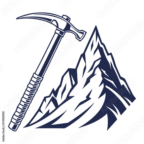 Pickaxe and mountain peak, vector illustration