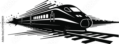 Train Moving on Tracks Silhouette - Black on White

