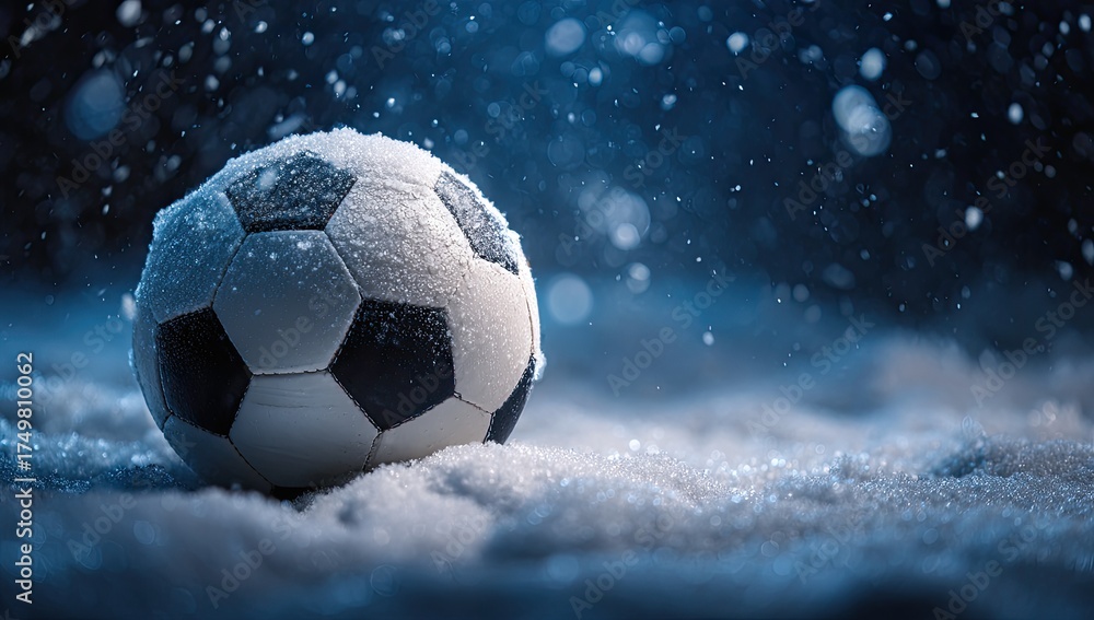 Fototapeta premium A soccer ball rests in a snowy landscape, with flakes falling in a soft, ethereal light