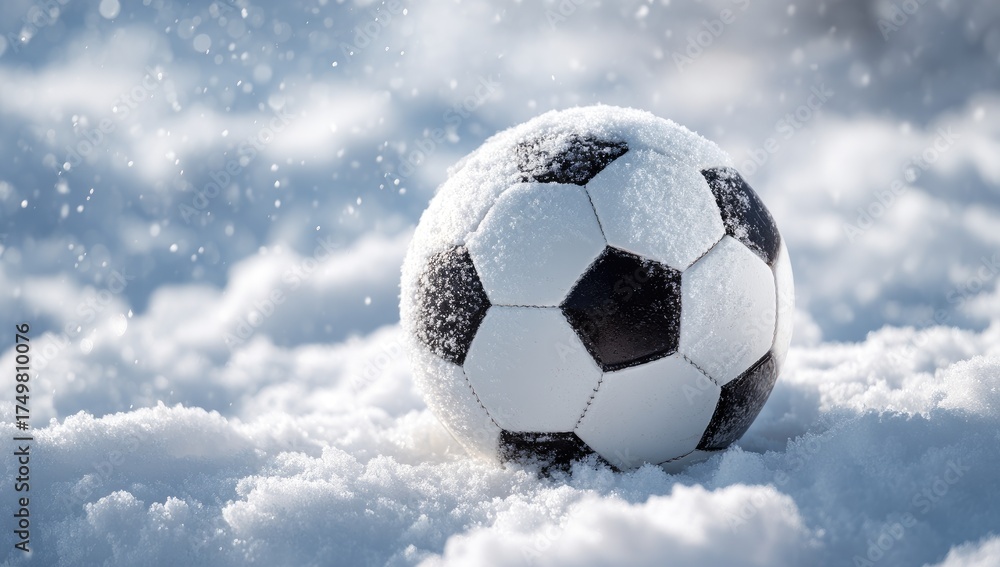 Fototapeta premium A black and white soccer ball covered in snow, sitting in a snow-covered field