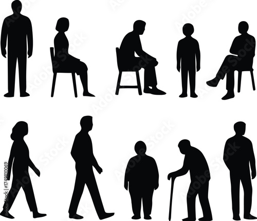people, silhouettes, standing, sitting, walking, child, adult, elderly, man, woman, boy, girl, cane, chair, diverse, group, collection, set, human figures, isolated, white background, everyday life, p
