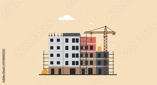 An illustration depicts a building construction site with a crane, scaffolding, and partially built structures against a light beige background.