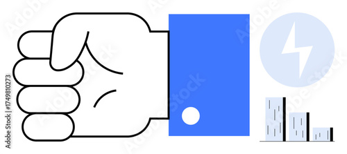 Clenched fist gesture in blue sleeve beside energy bolt icon and rising bar chart. Ideal for leadership, empowerment, strength, determination, success, productivity, teamwork. Simple flat metaphor
