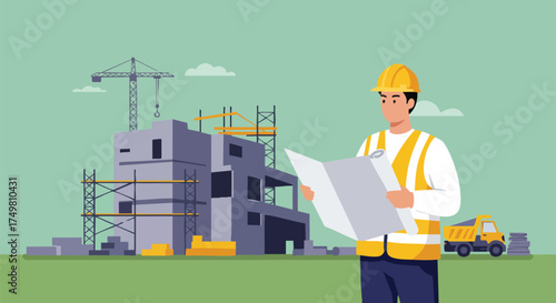 An attentive construction professional in a yellow hard hat and safety vest scrutinizes architectural plans, overseeing a dynamic building site with cranes and trucks.