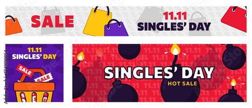Set of 3 colorful banners for 11.11 Singles' Day with flat shopping bags, cartoon explosive discount bombs, sale coupons, tickets and shopping baskets. Online shopping billboards with special offer