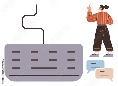Woman gesturing beside a giant keyboard, surrounded by speech bubbles. Ideal for technology, communication, creativity, education, teamwork, innovation digital work concepts. Simple flat metaphor